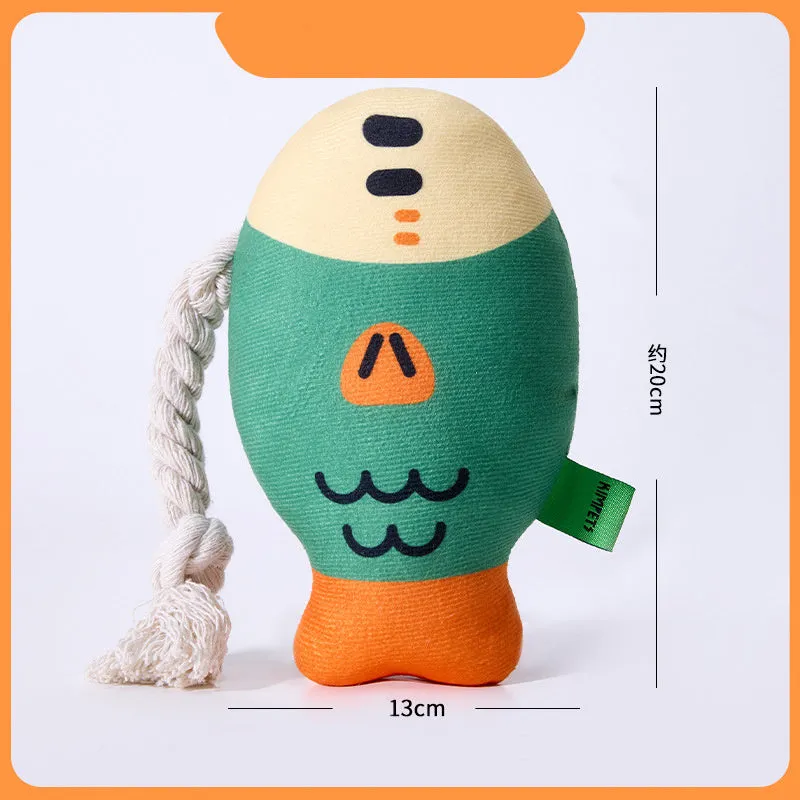 Plush squeaky puffhead fish dog toy in green, purple and yellow colours with wear-resistant fabric