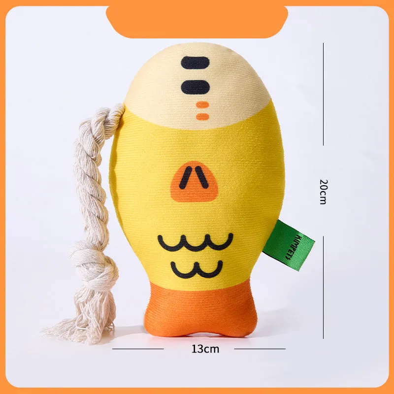 Plush squeaky puffhead fish dog toy in green, purple and yellow colours with wear-resistant fabric