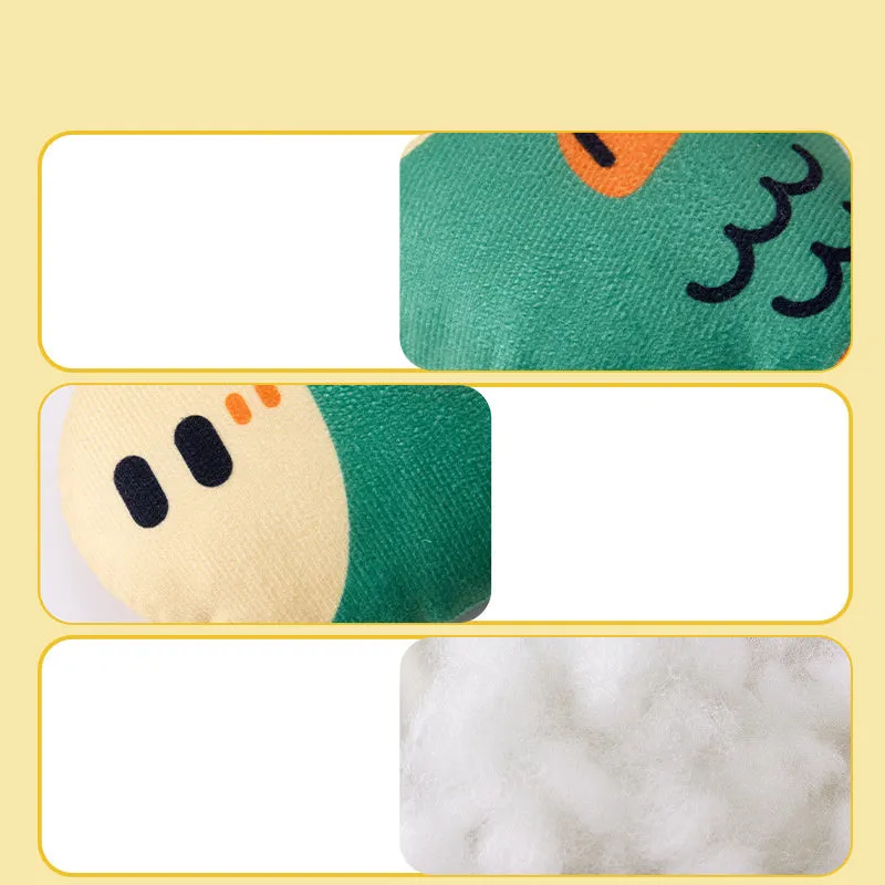 Plush squeaky puffhead fish dog toy in green, purple and yellow colours with wear-resistant fabric