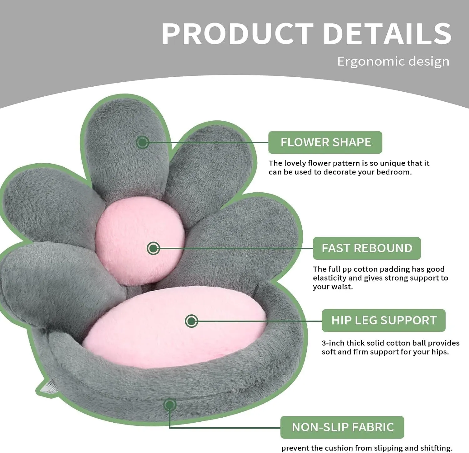 Round grey flower-shaped seat cushion with soft plush fabric, 19 inches, for gaming chair or floor use