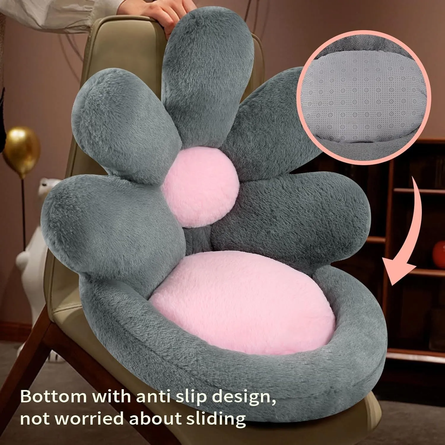 Round grey flower-shaped seat cushion with soft plush fabric, 19 inches, for gaming chair or floor use