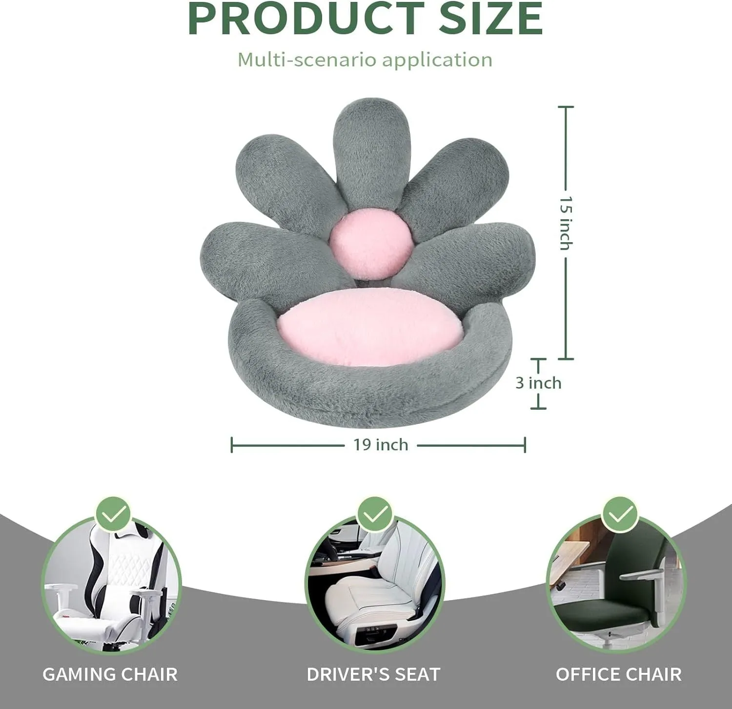 Round grey flower-shaped seat cushion with soft plush fabric, 19 inches, for gaming chair or floor use
