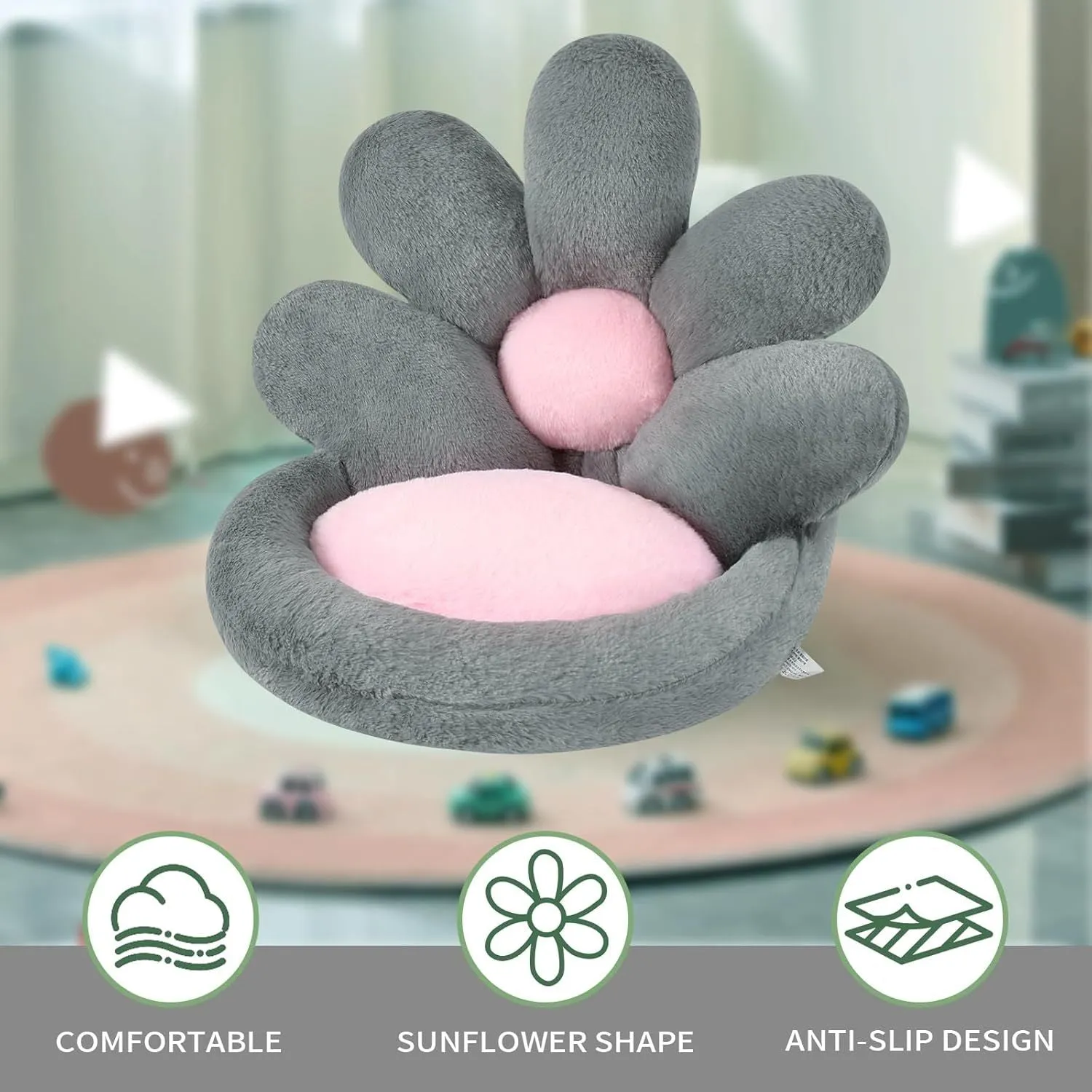 Round grey flower-shaped seat cushion with soft plush fabric, 19 inches, for gaming chair or floor use