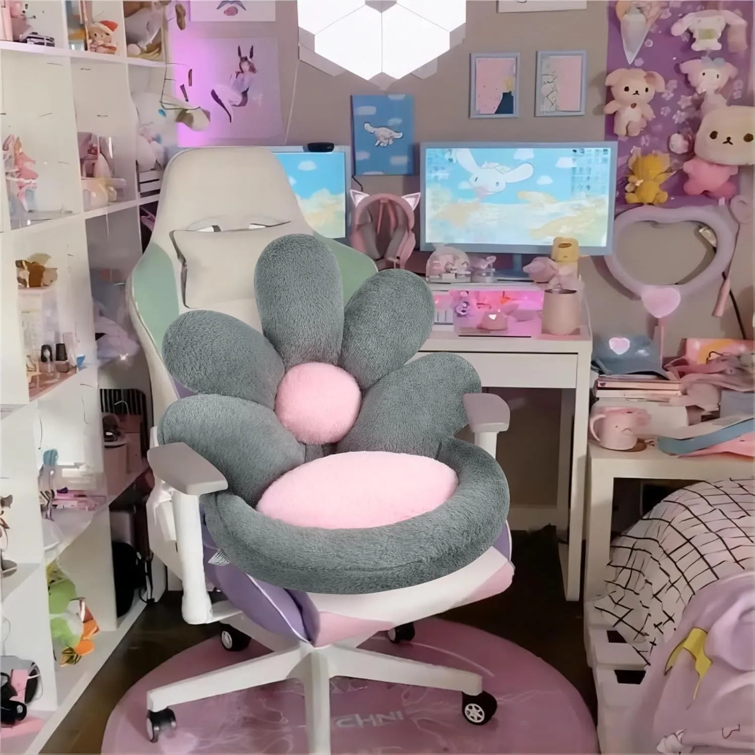 Round grey flower-shaped seat cushion with soft plush fabric, 19 inches, for gaming chair or floor use