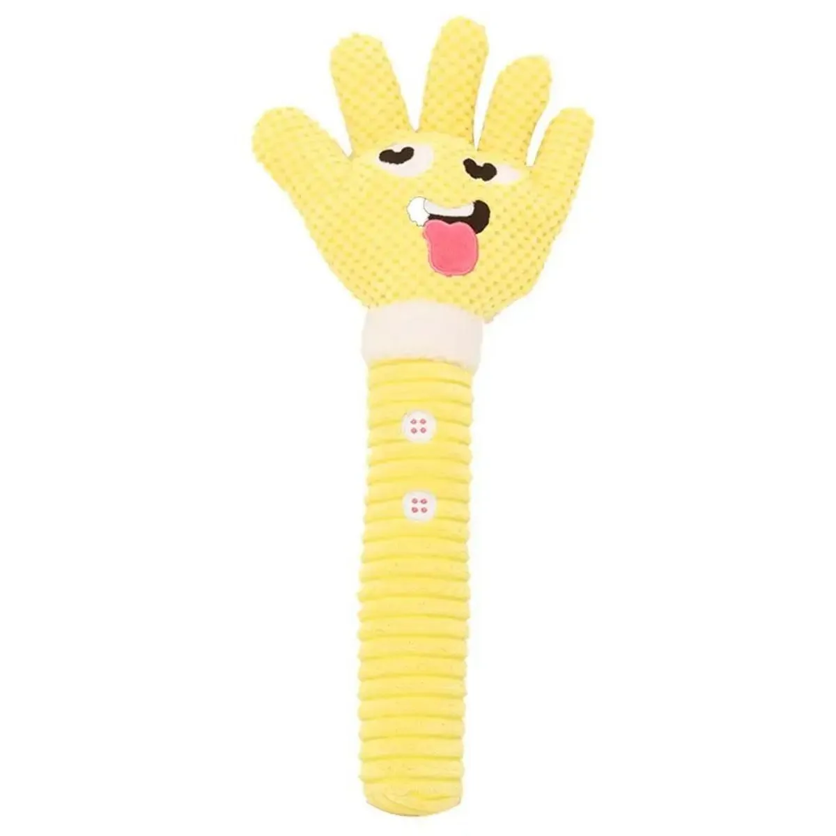 Yellow palm-shaped plush dog teething toy with squeaker for puppies