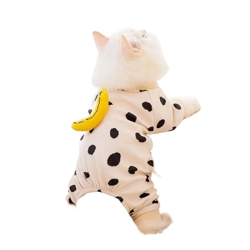 Cute Kitty anti-lint Dralon pet coat in white polka dot banana pattern on a cat, side view