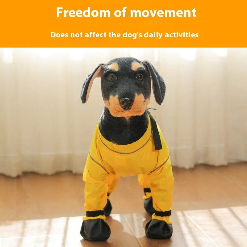Pet anti-dirty pants dog shoe cover in blue polyester, side view, casual style for outdoor use