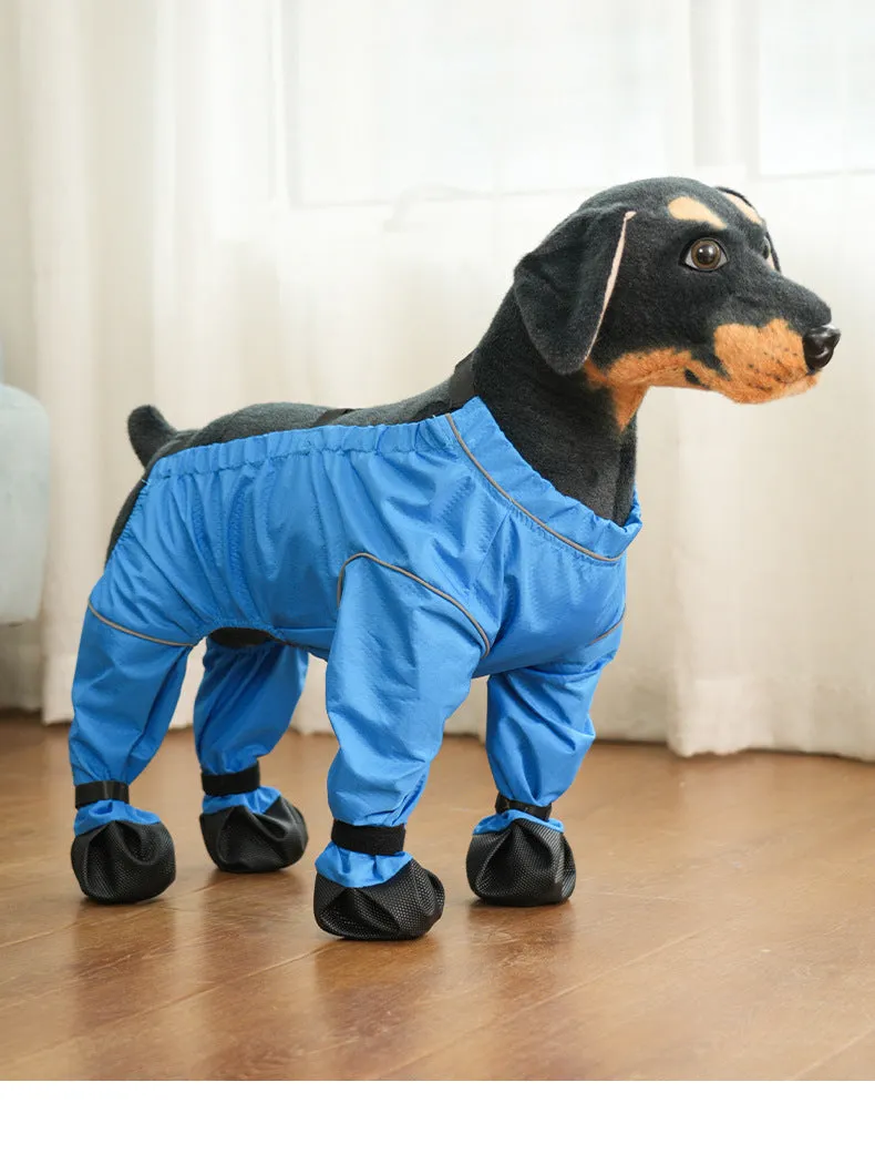 Pet anti-dirty pants dog shoe cover in blue polyester, side view, casual style for outdoor use