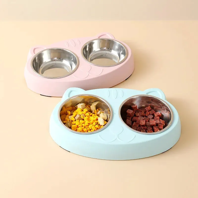 Blue plastic double-bowl pet feeder with non-slip rubber feet for cat or small dog food and water