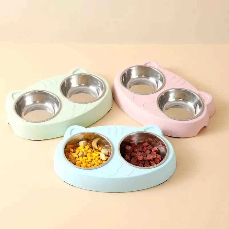 Blue plastic double-bowl pet feeder with non-slip rubber feet for cat or small dog food and water