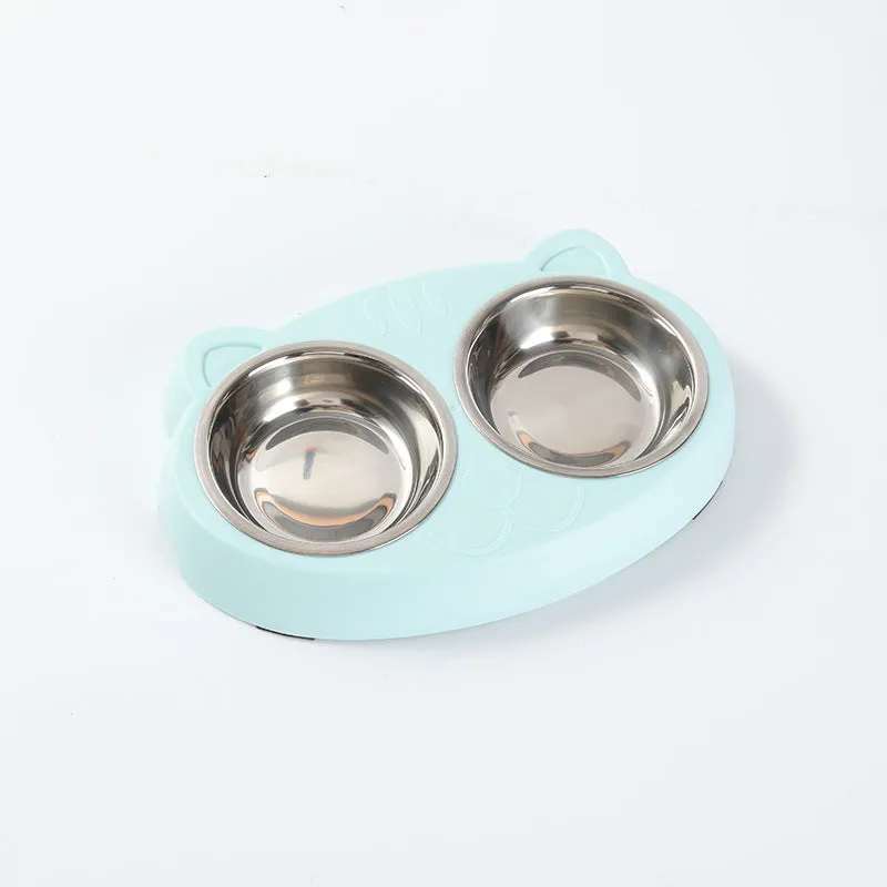 Blue plastic double-bowl pet feeder with non-slip rubber feet for cat or small dog food and water