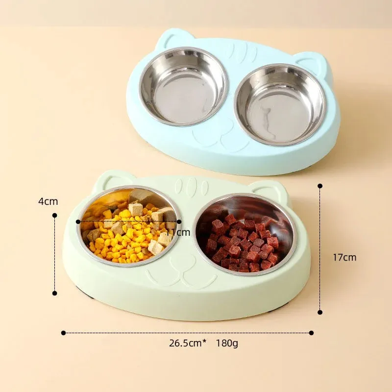 Blue plastic double-bowl pet feeder with non-slip rubber feet for cat or small dog food and water