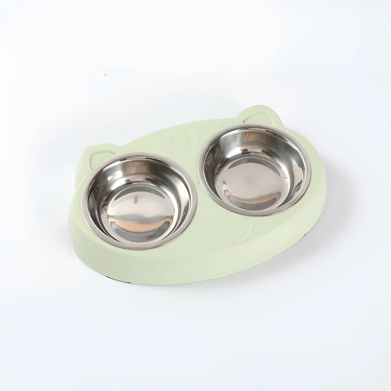 Blue plastic double-bowl pet feeder with non-slip rubber feet for cat or small dog food and water