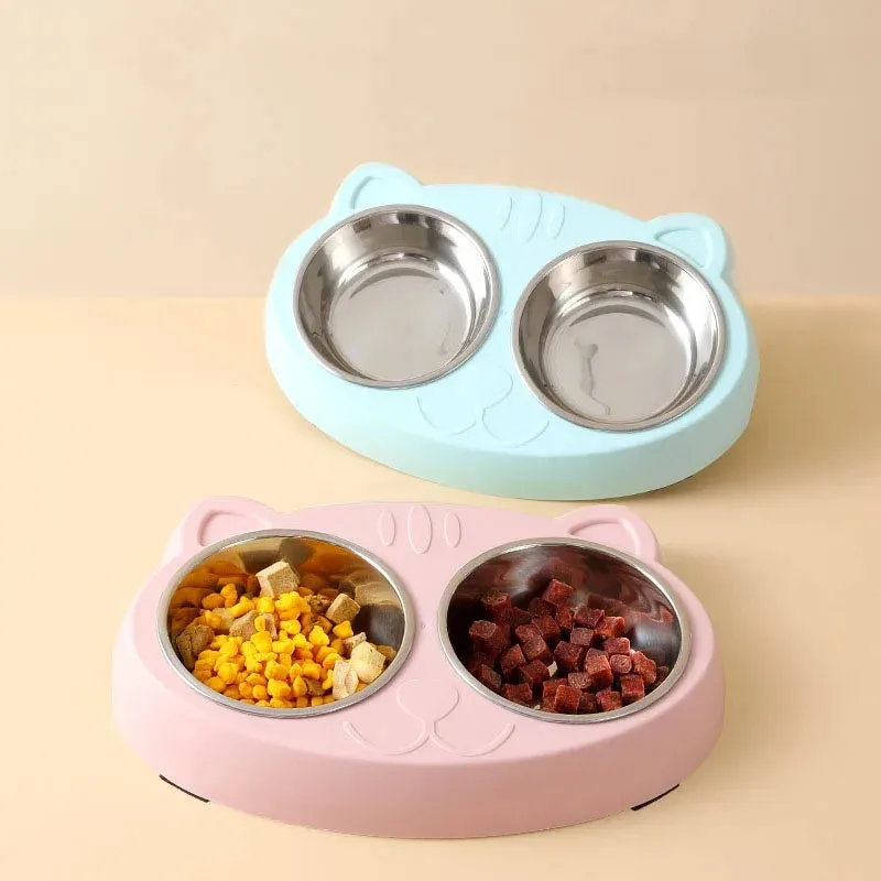 Blue plastic double-bowl pet feeder with non-slip rubber feet for cat or small dog food and water