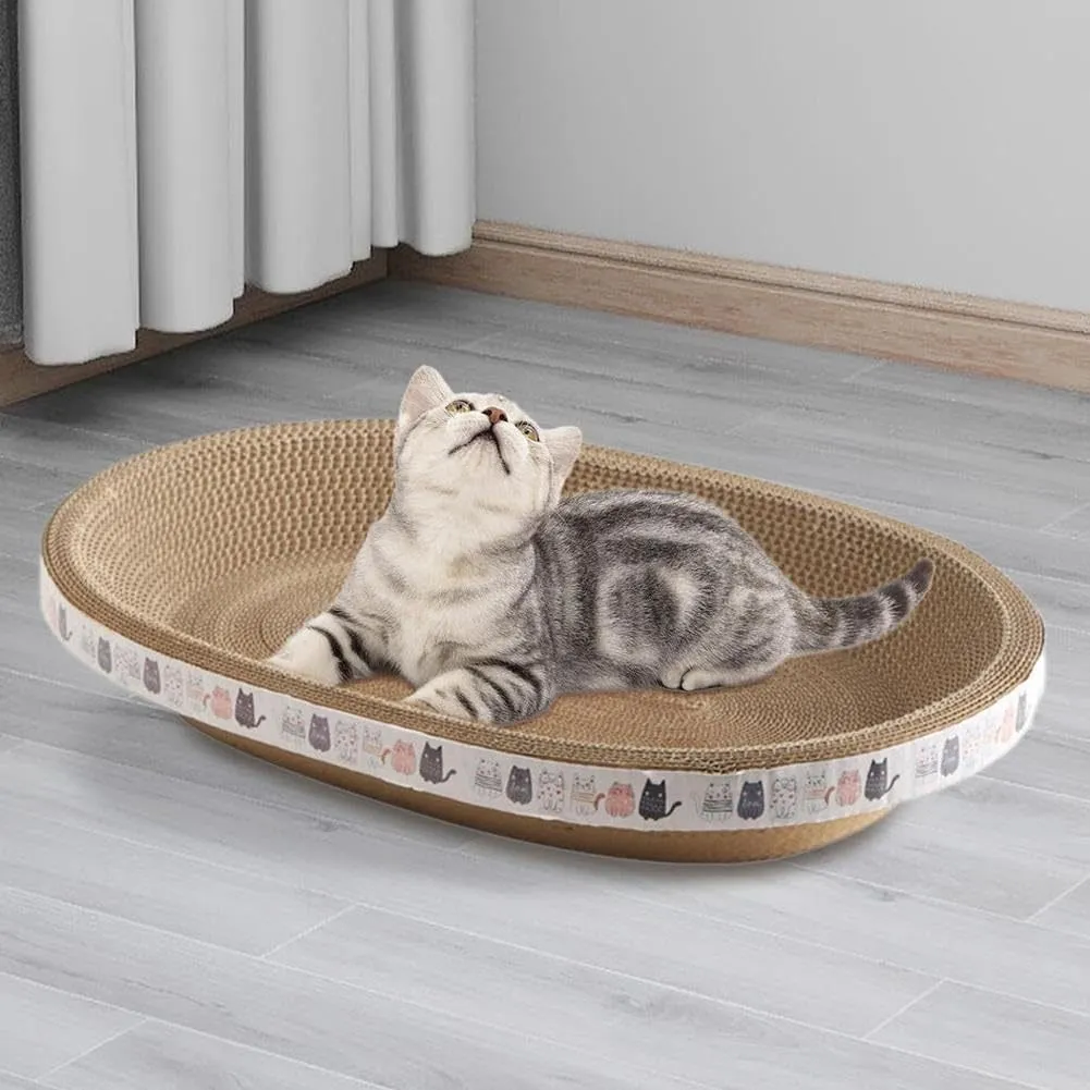 Oval cat scratch bed cardboard cat scratcher 2 in 1 lounger bowl nest for indoor cats, available in four sizes