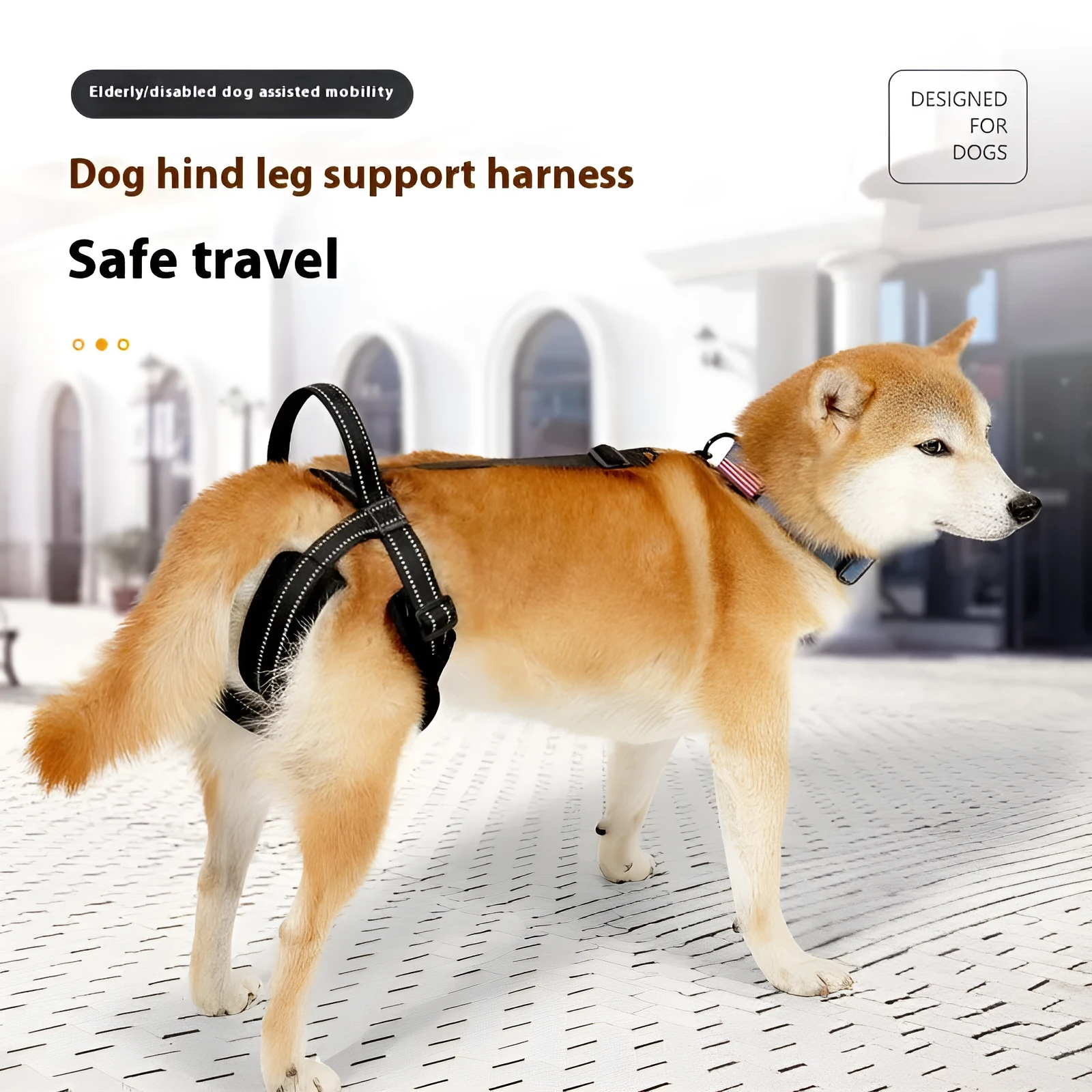 Black polyester pet rehabilitation hind legs auxiliary strap on a dog, three sizes available