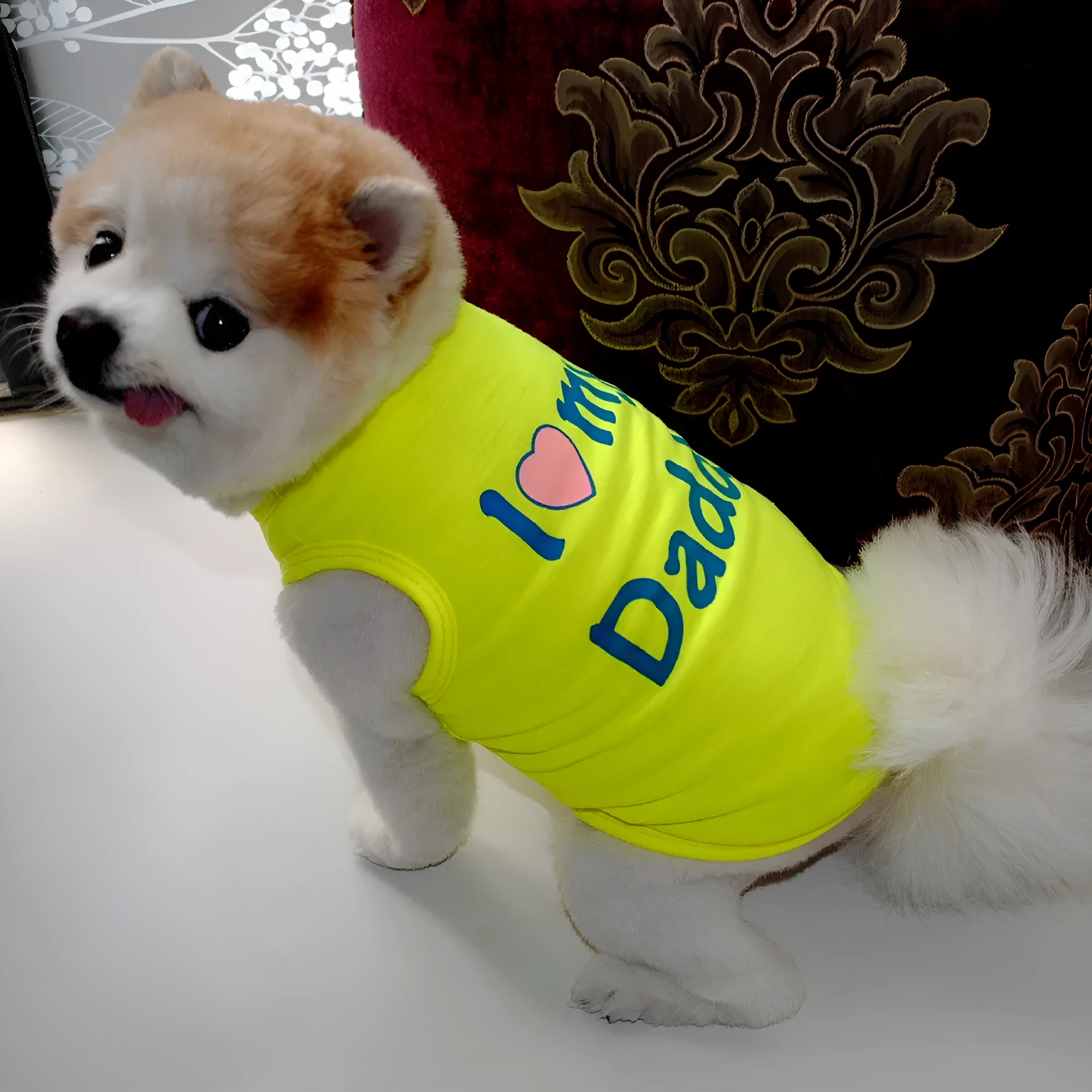 Polyester pet vest with Love Mom print in pink colour for small dogs