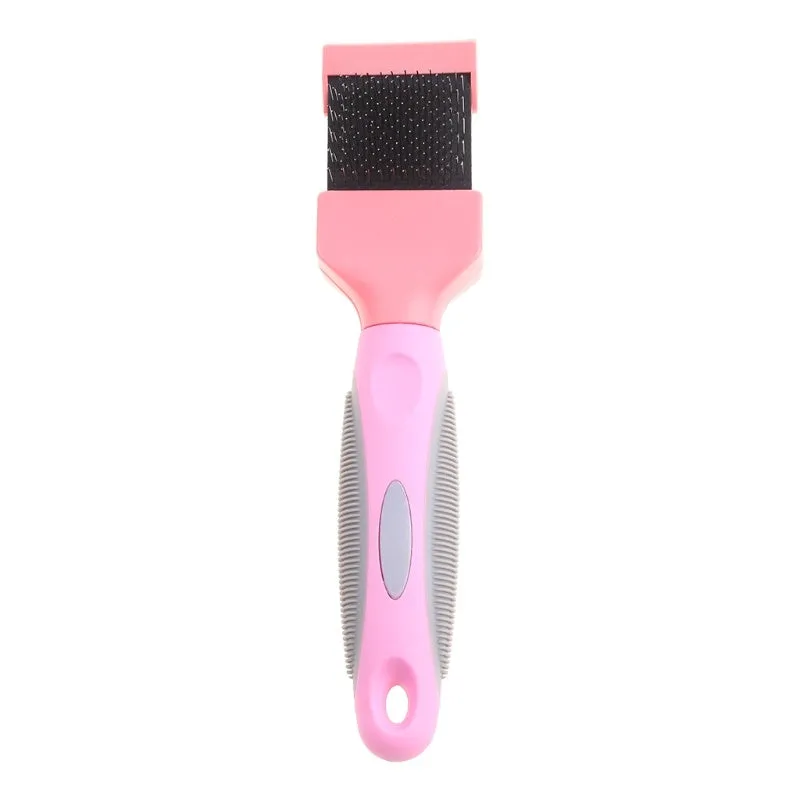 Double-sided pet brush with stainless steel pins showing blue colour and ergonomic handle