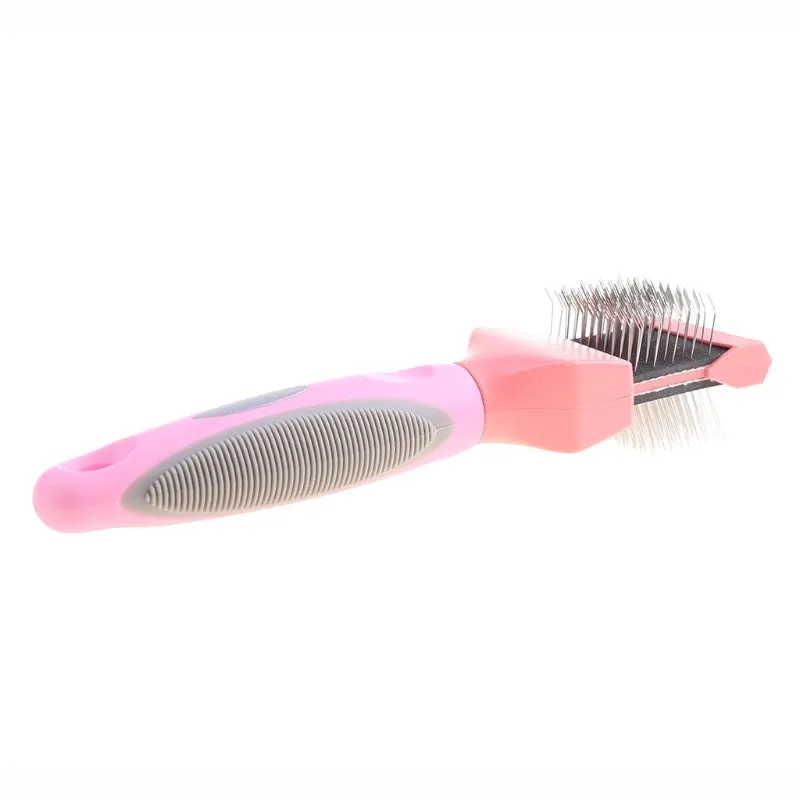 Double-sided pet brush with stainless steel pins showing blue colour and ergonomic handle