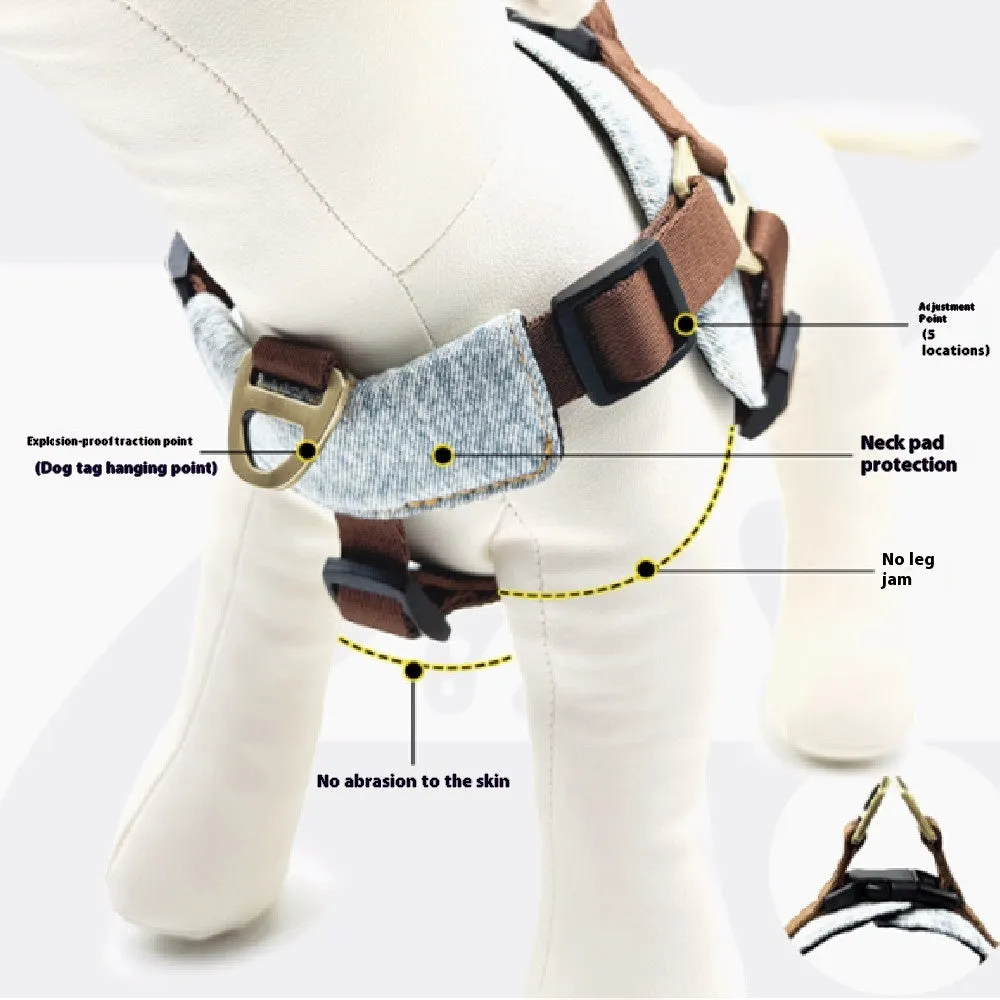 Brown anti-bite nylon dog chest harness with vest style and zinc alloy fittings on small dog