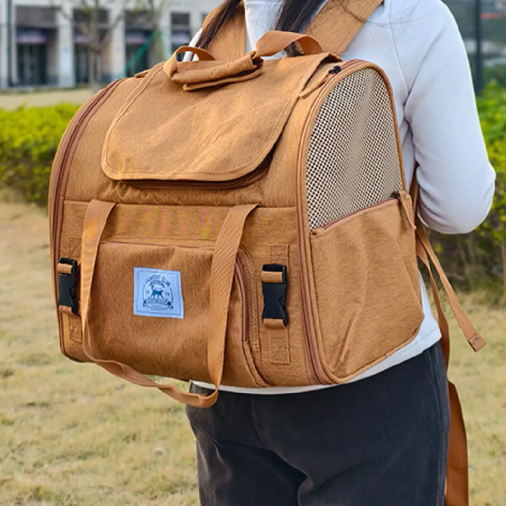 Brown portable expandable cat carrier bag with shoulder strap for cats up to 15 pounds