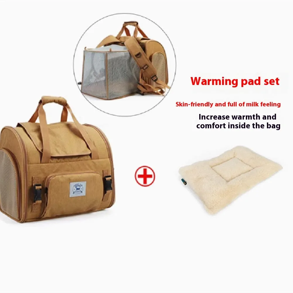 Brown portable expandable cat carrier bag with shoulder strap for cats up to 15 pounds