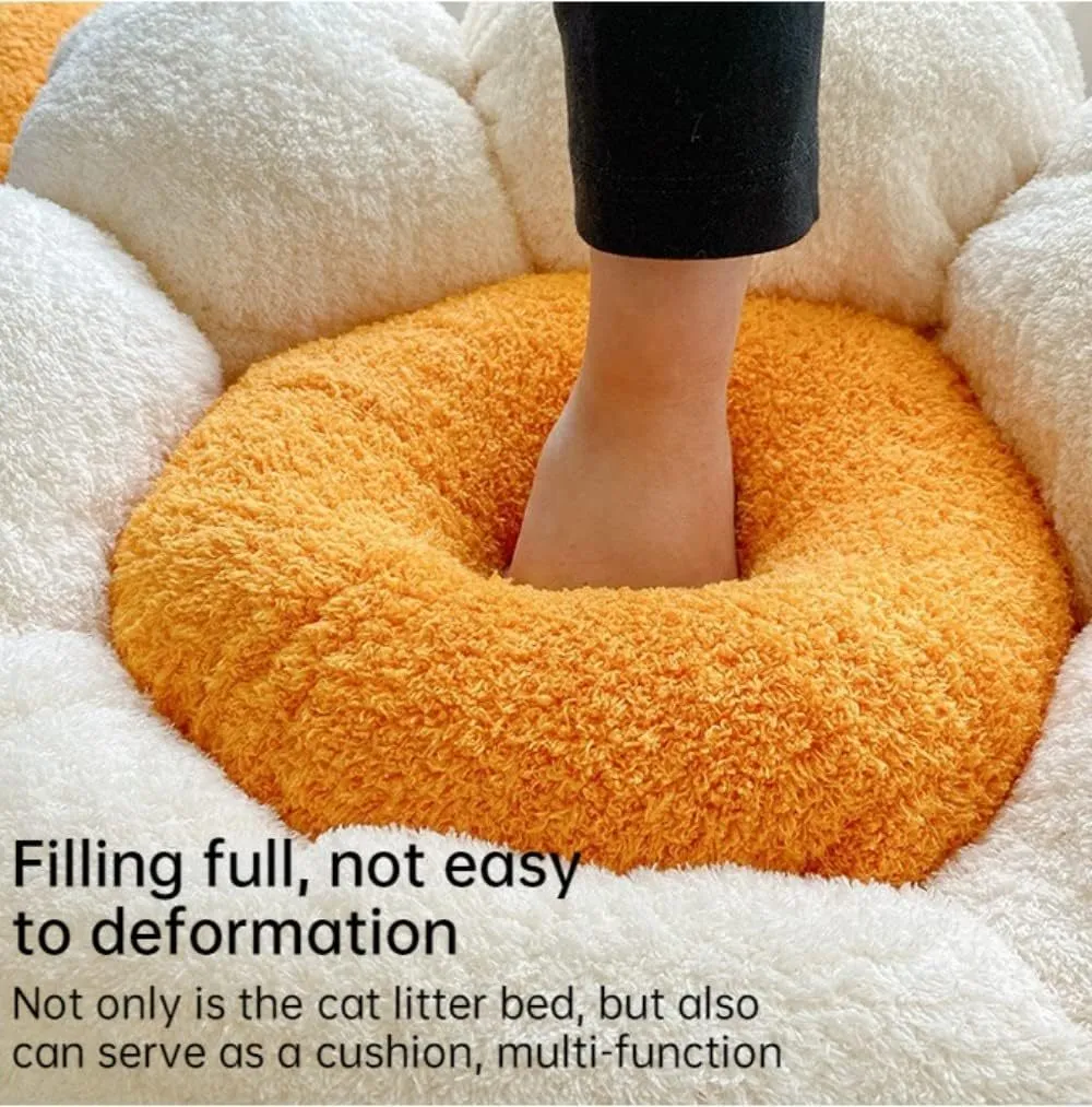 Flower shaped cat nest in brown with thick cushion and non-slip base for small pets