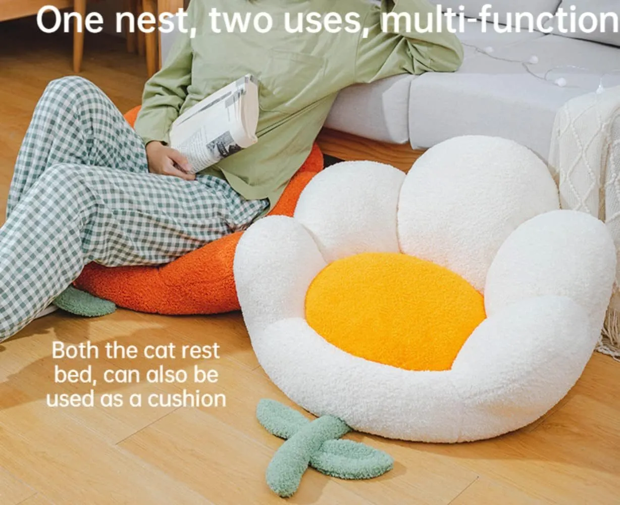 Flower shaped cat nest in brown with thick cushion and non-slip base for small pets