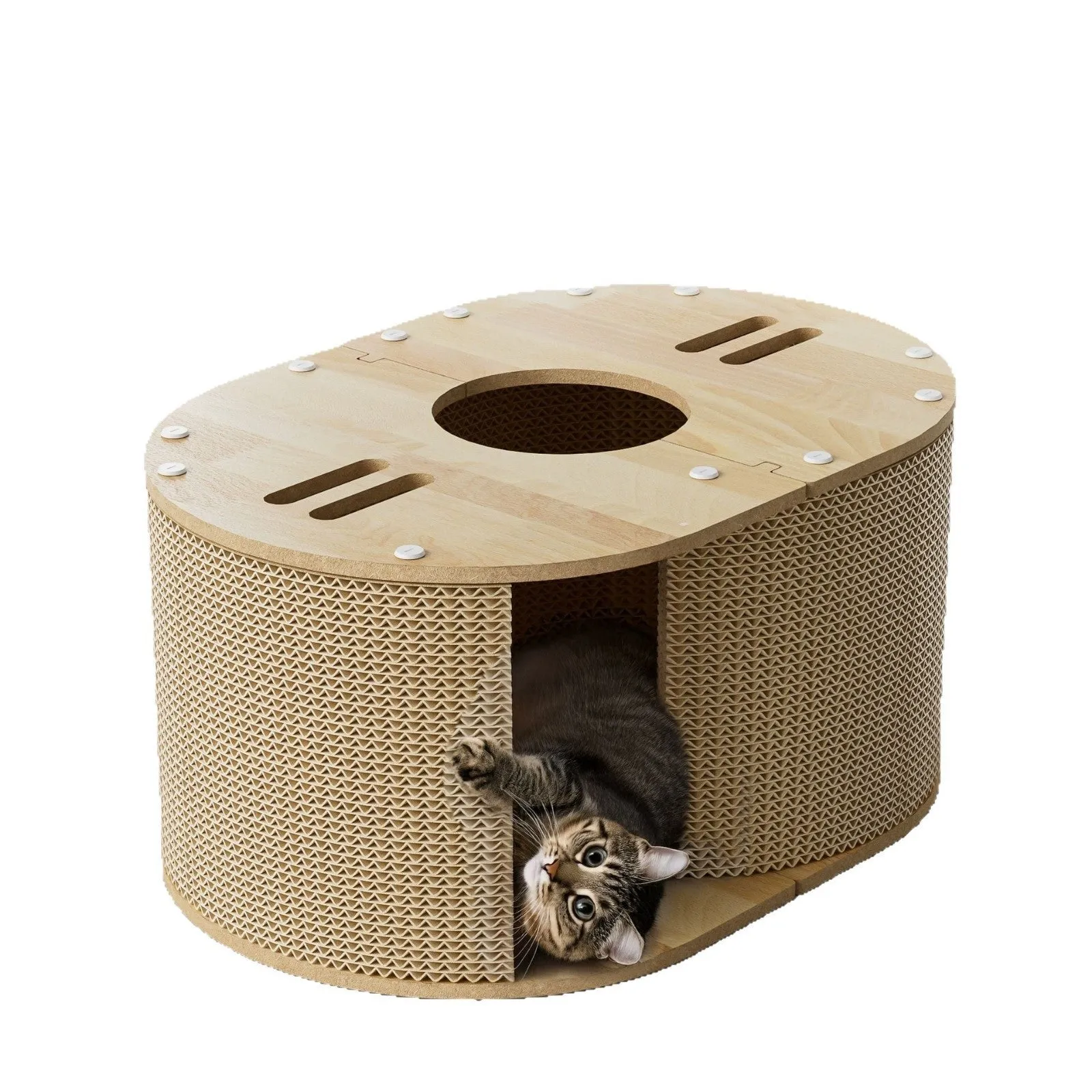 Small cat climbing frame made of corrugated paper with tunnel nest, 57x39x27.5cm