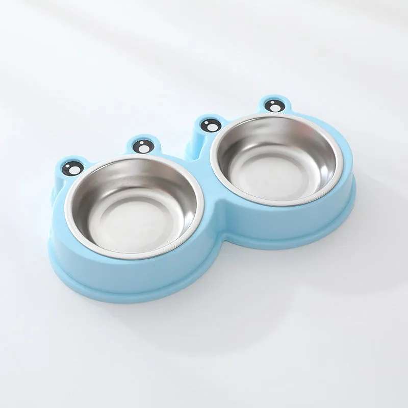 Stainless steel pet double bowl for food and water in blue, green, or pink.