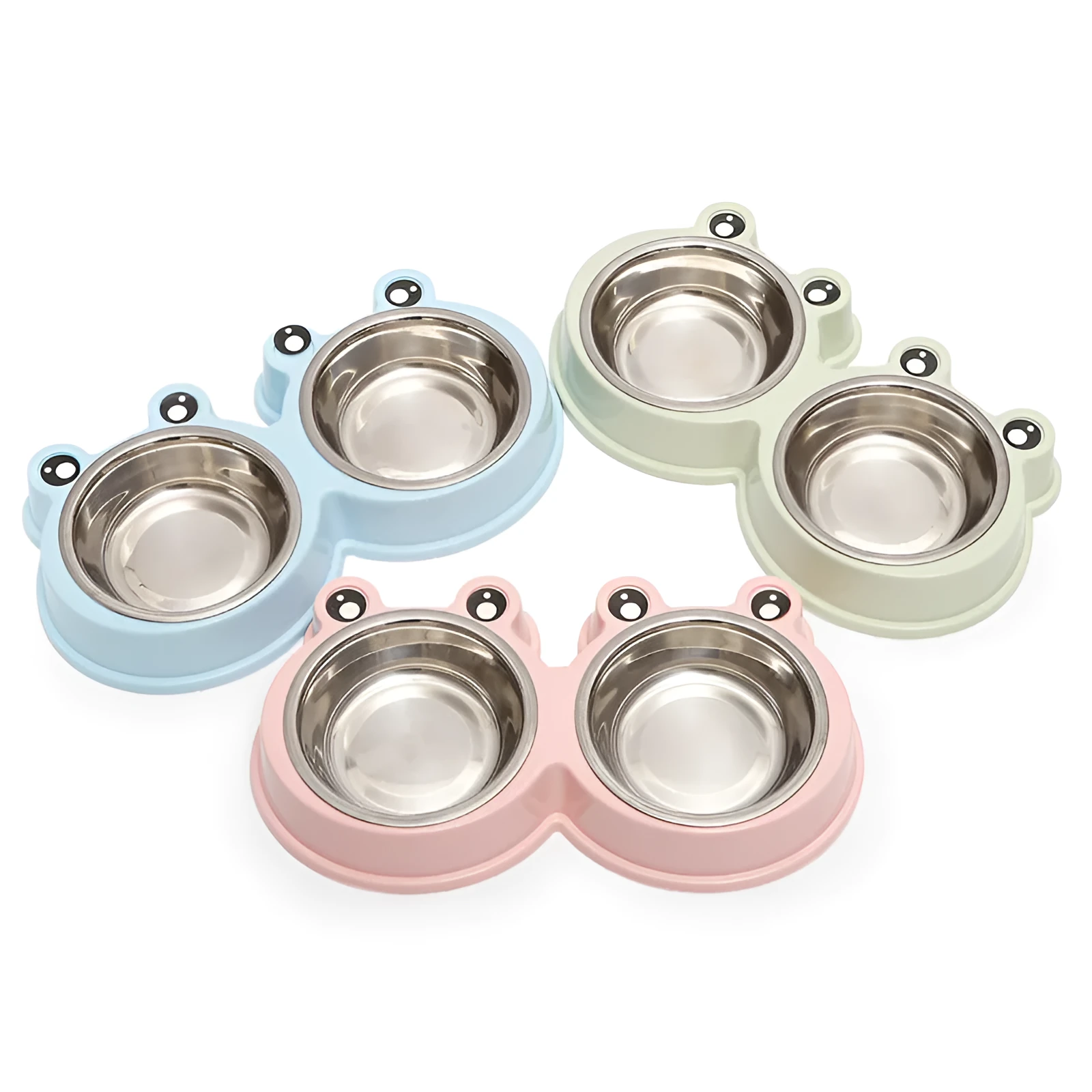 Stainless steel pet double bowl for food and water in blue, green, or pink.