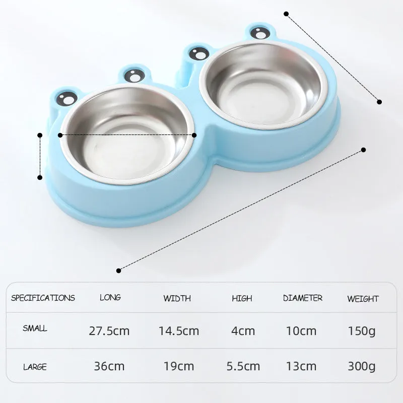 Stainless steel pet double bowl for food and water in blue, green, or pink.