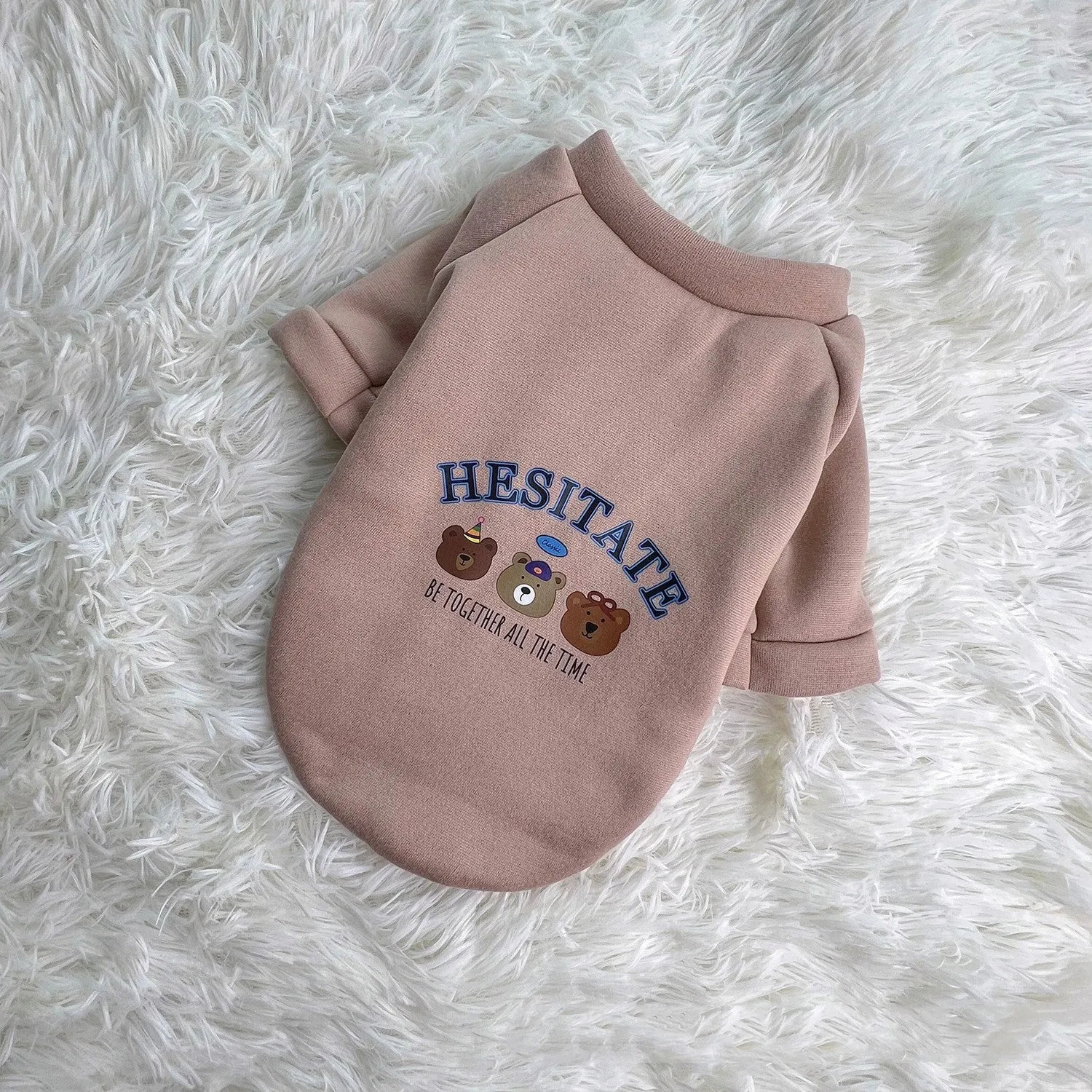 Korean cartoon plush dog clothes in beige with hood, polyester, side view on a dog