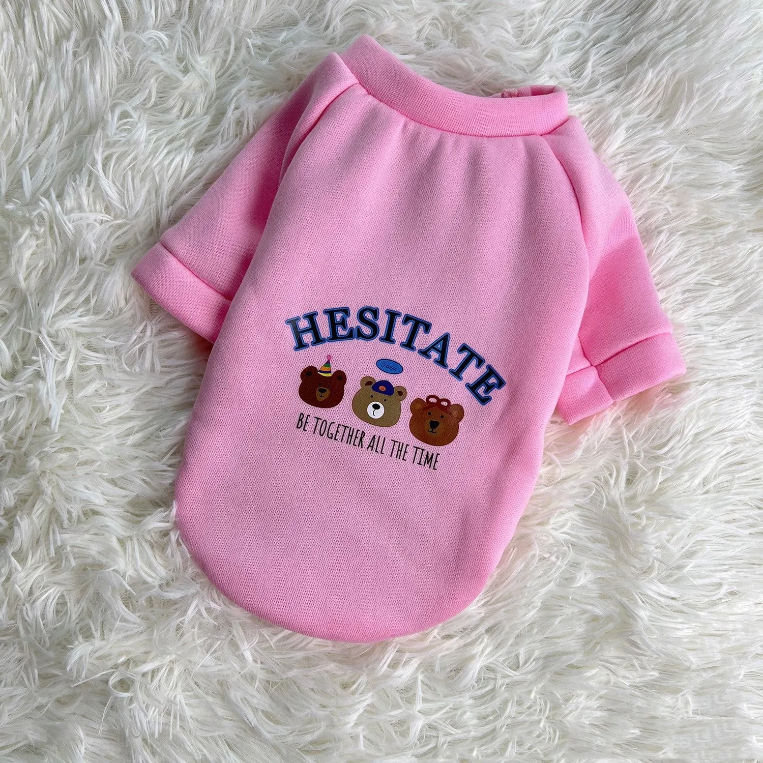 Korean cartoon plush dog clothes in beige with hood, polyester, side view on a dog