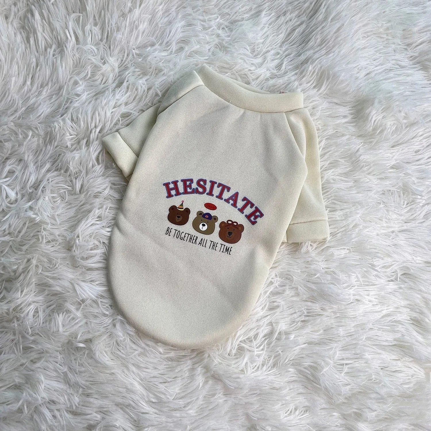 Korean cartoon plush dog clothes in beige with hood, polyester, side view on a dog