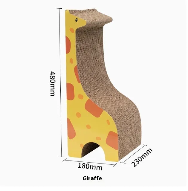Vertical cat scratch board toy made of corrugated paper in giraffe, elephant, and baby crocodile colours for indoor cats.