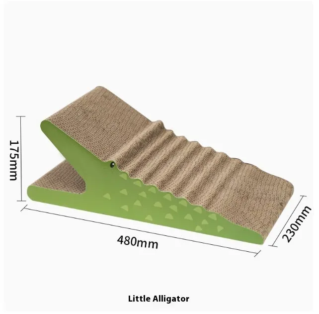 Vertical cat scratch board toy made of corrugated paper in giraffe, elephant, and baby crocodile colours for indoor cats.