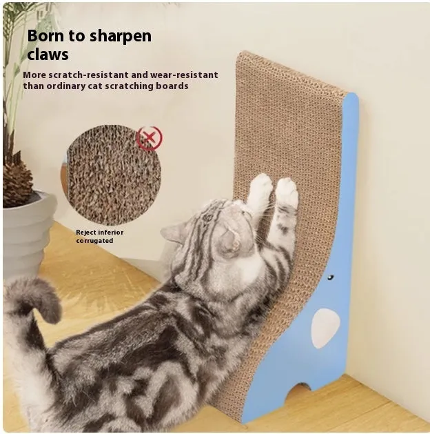 Vertical cat scratch board toy made of corrugated paper in giraffe, elephant, and baby crocodile colours for indoor cats.