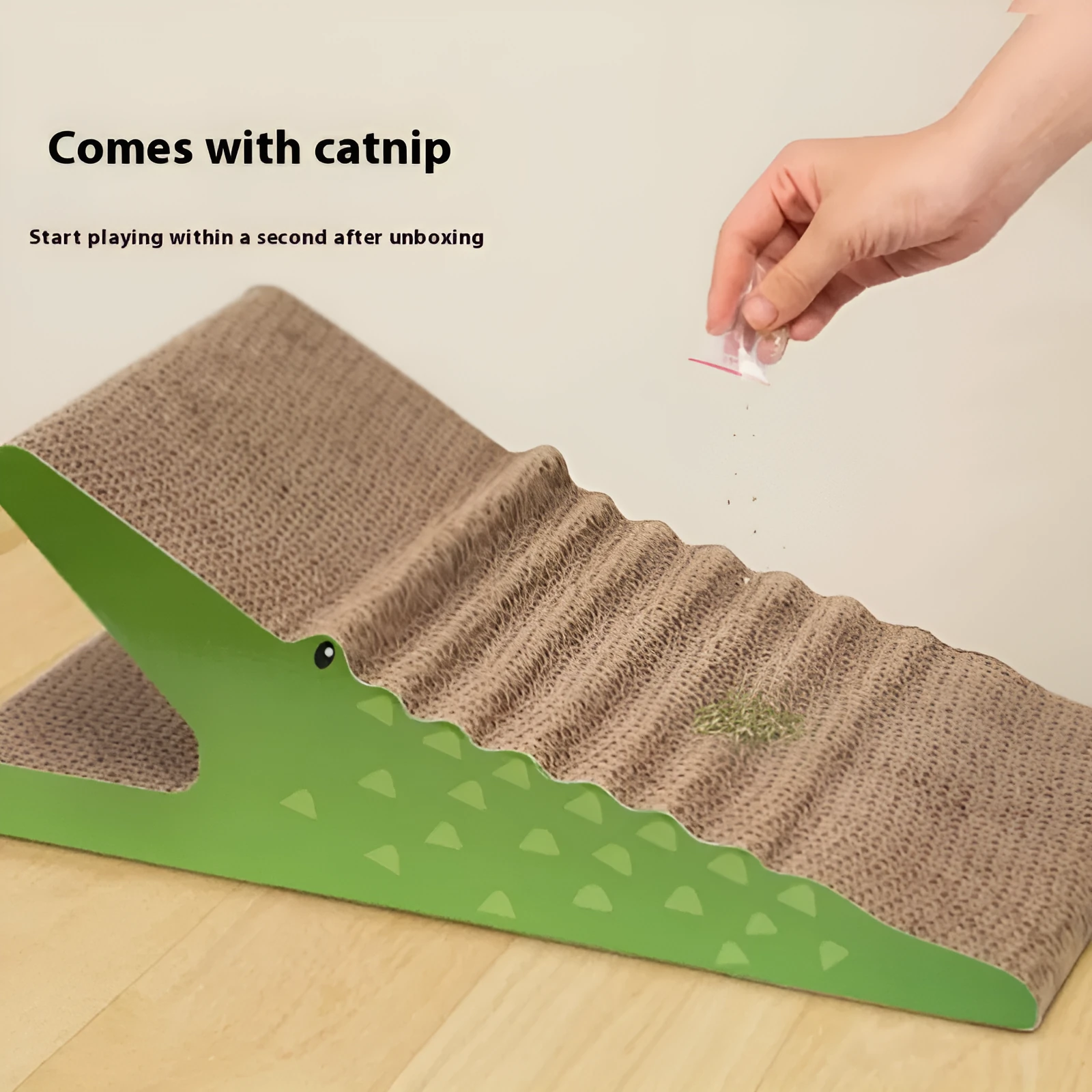 Vertical cat scratch board toy made of corrugated paper in giraffe, elephant, and baby crocodile colours for indoor cats.
