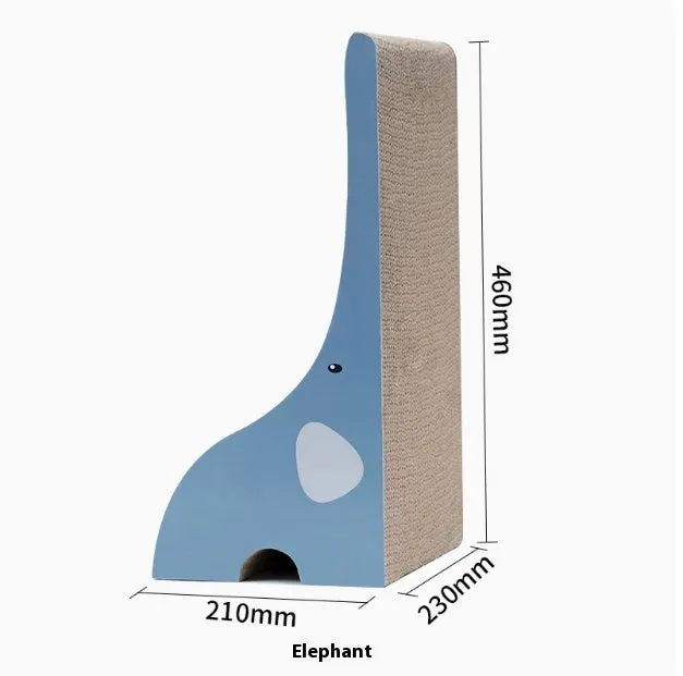 Vertical cat scratch board toy made of corrugated paper in giraffe, elephant, and baby crocodile colours for indoor cats.
