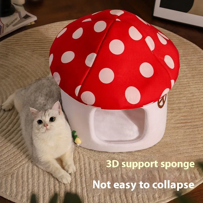 Semi-enclosed flannel cat bed mushroom design red umbrella finish for small cats indoor use