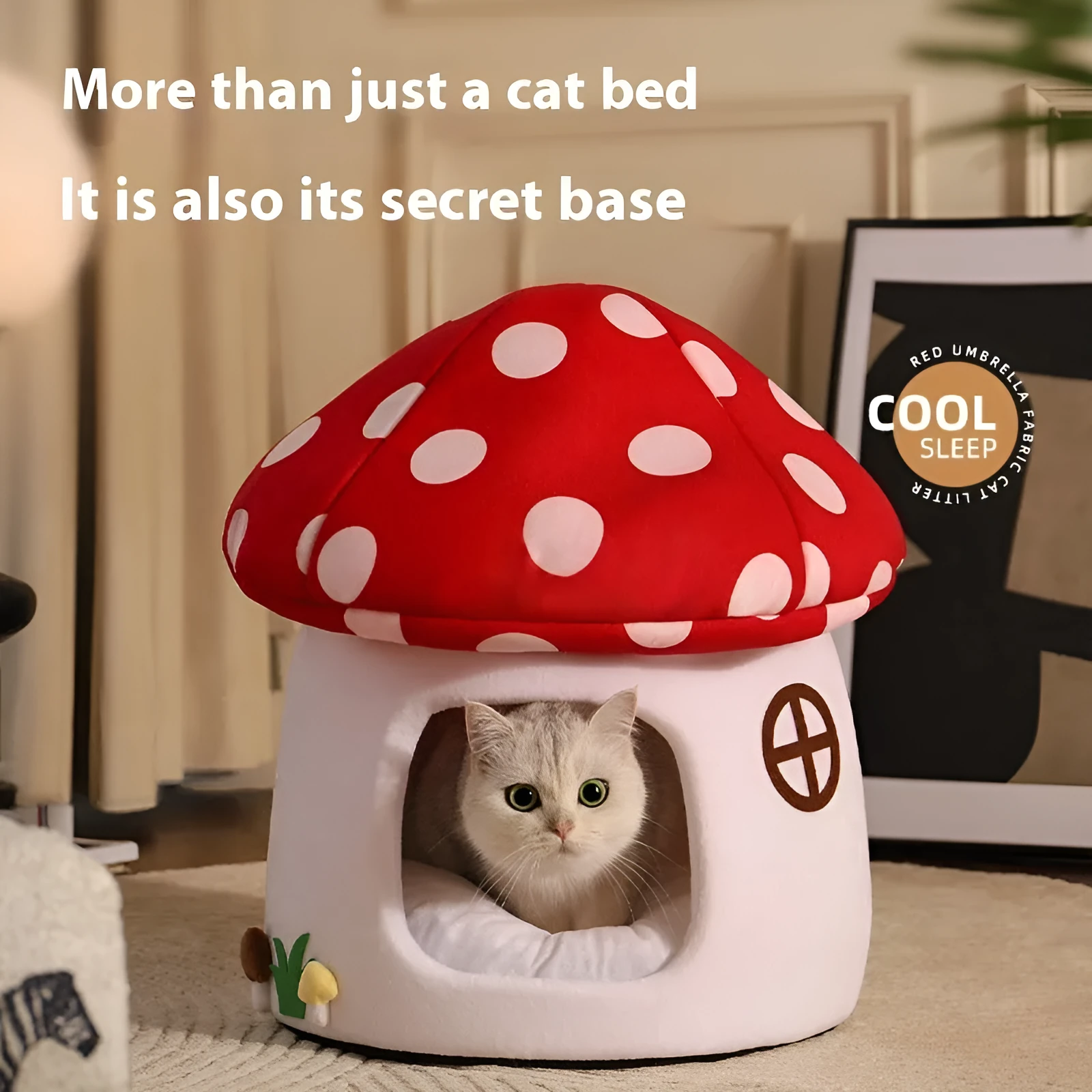 Semi-enclosed flannel cat bed mushroom design red umbrella finish for small cats indoor use