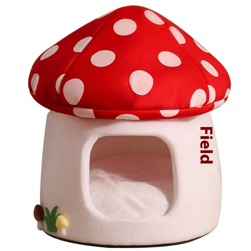 Semi-enclosed flannel cat bed mushroom design red umbrella finish for small cats indoor use