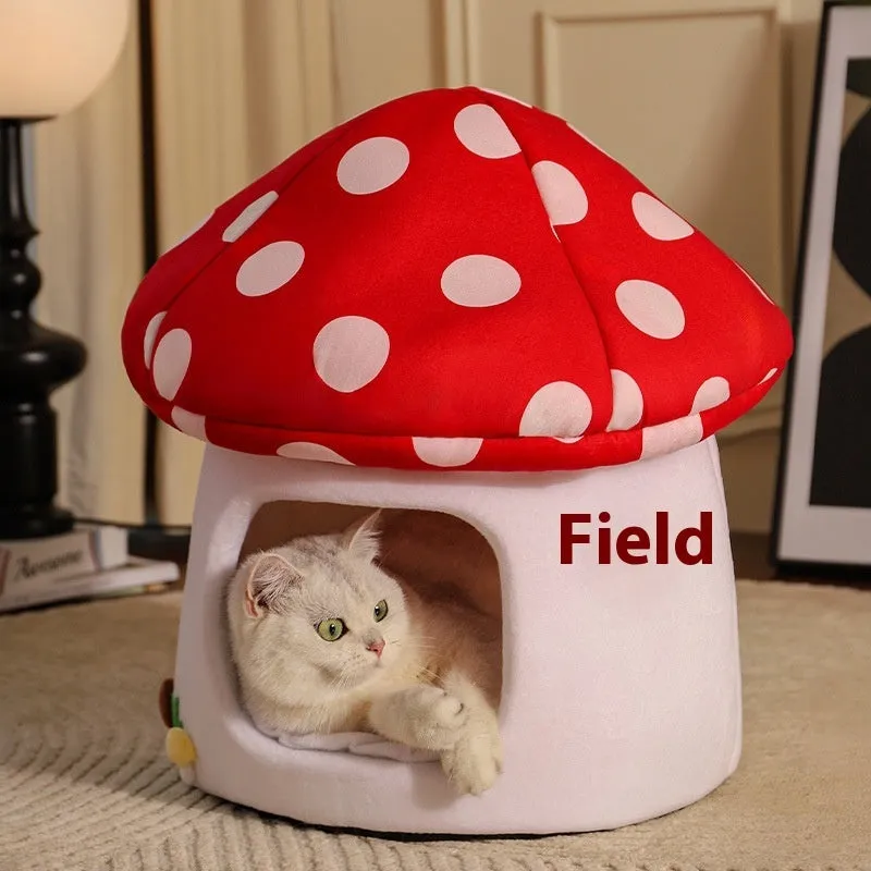 Semi-enclosed flannel cat bed mushroom design red umbrella finish for small cats indoor use