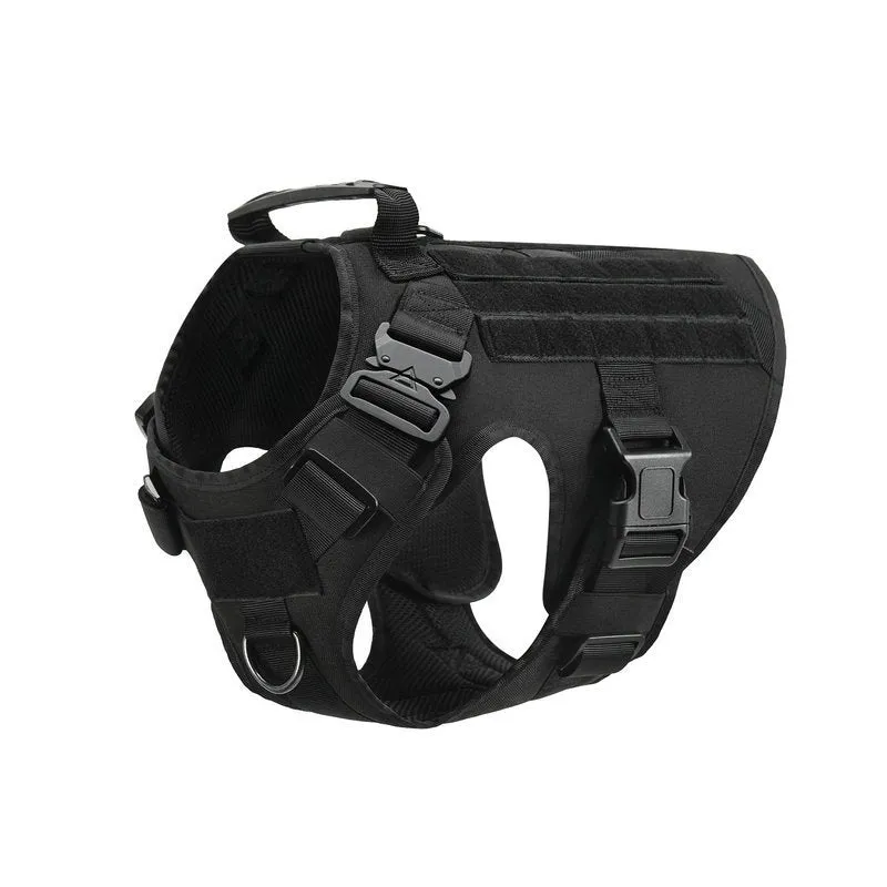 Military tactical dog harness in khaki with adjustable straps, pockets, and metal connection points on a German Shepherd