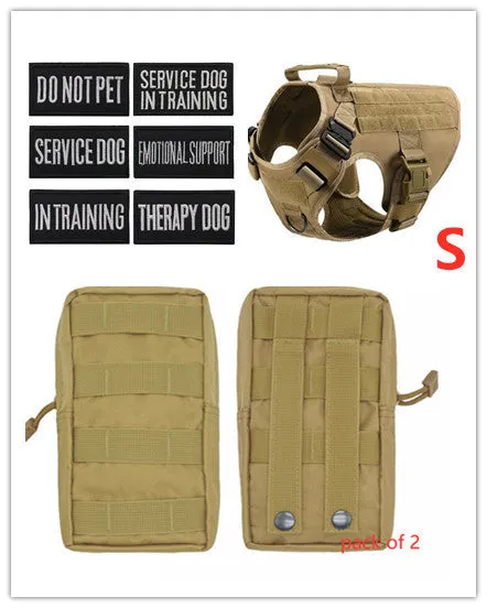 Military tactical dog harness in khaki with adjustable straps, pockets, and metal connection points on a German Shepherd