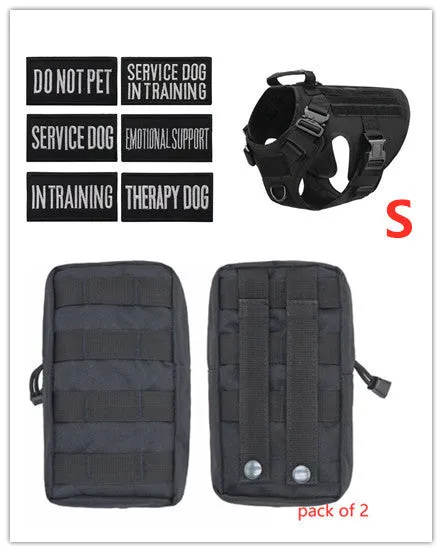 Military tactical dog harness in khaki with adjustable straps, pockets, and metal connection points on a German Shepherd