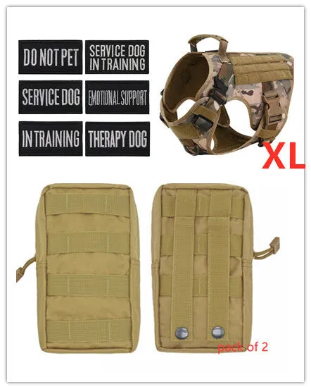 Military tactical dog harness in khaki with adjustable straps, pockets, and metal connection points on a German Shepherd