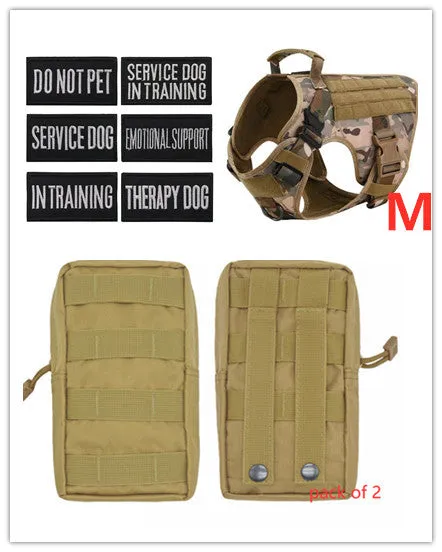 Military tactical dog harness in khaki with adjustable straps, pockets, and metal connection points on a German Shepherd