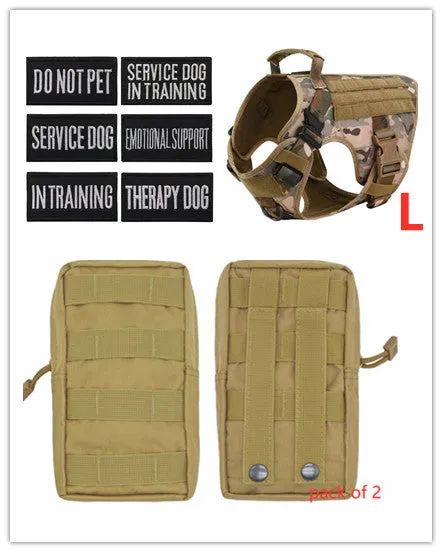 Military tactical dog harness in khaki with adjustable straps, pockets, and metal connection points on a German Shepherd